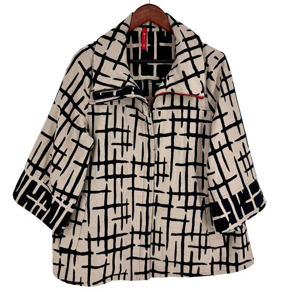 IC by Connie K XL Beige Black Abstract Wearable Art Jacket Blouse Shirt Top - Picture 1 of 6